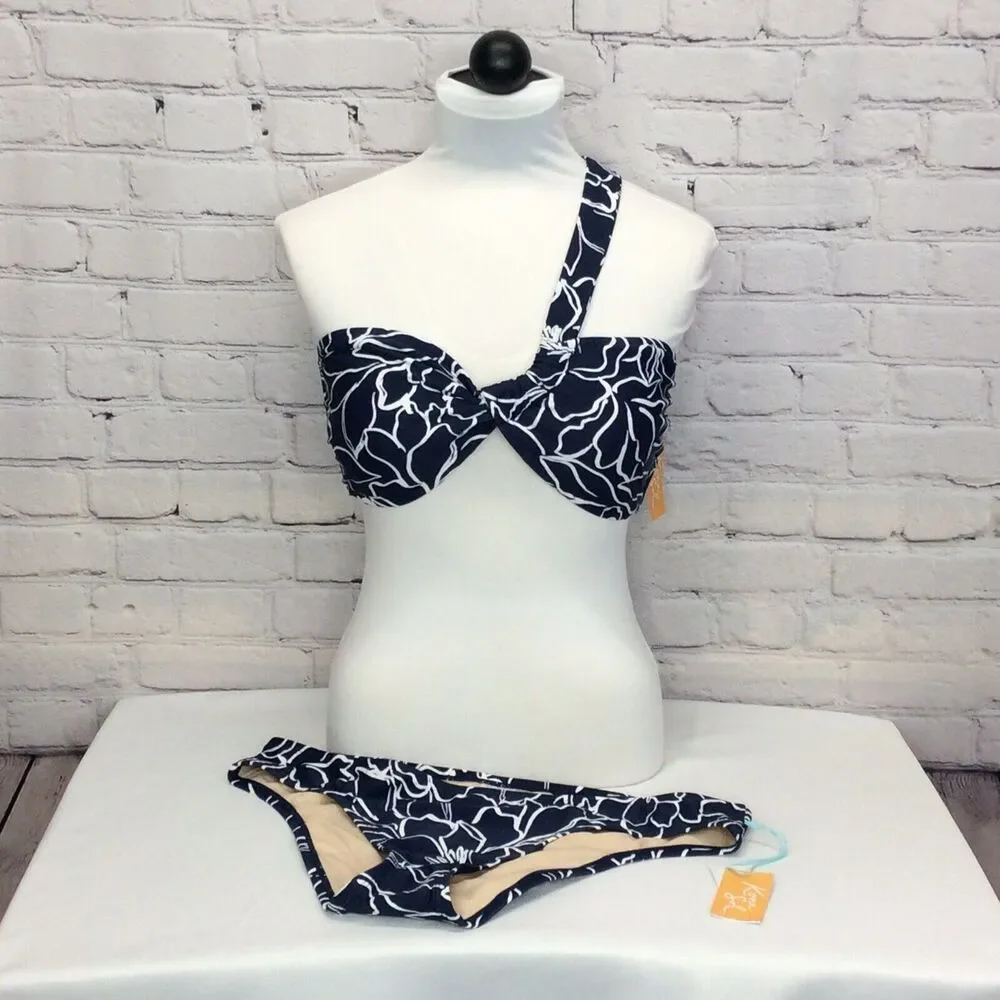Kona Sol Bikini Women’s Sz Lg 2 Piece Bathing Suit Navy & White Floral Swirl NWT